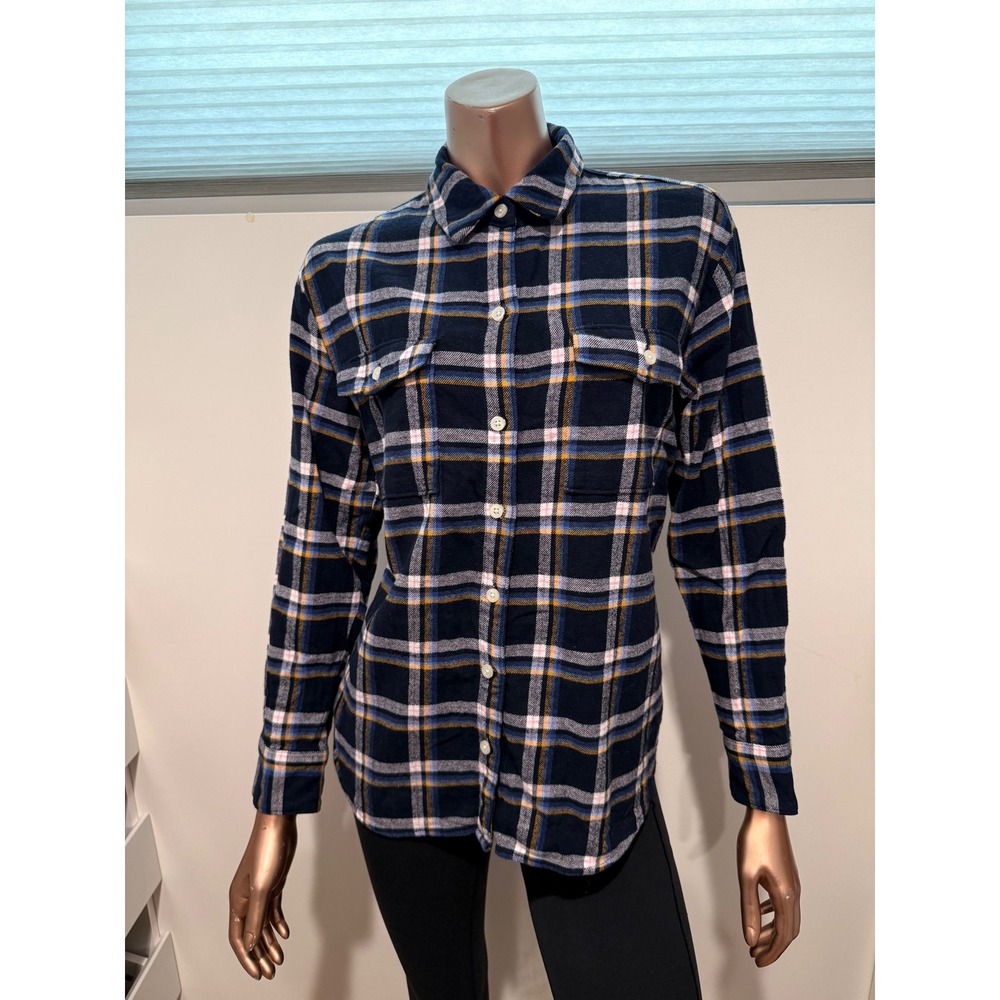 Old Navy The Boyfriend Shirt Navy Blue Plaid Flannel Button Down Preppy School/S